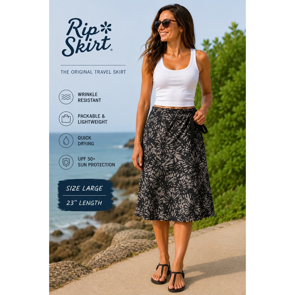 RipSkirt Hawaii Wrap Skirt‎ Large 23 Inch Length Black Grey Floral Travel Skirt
